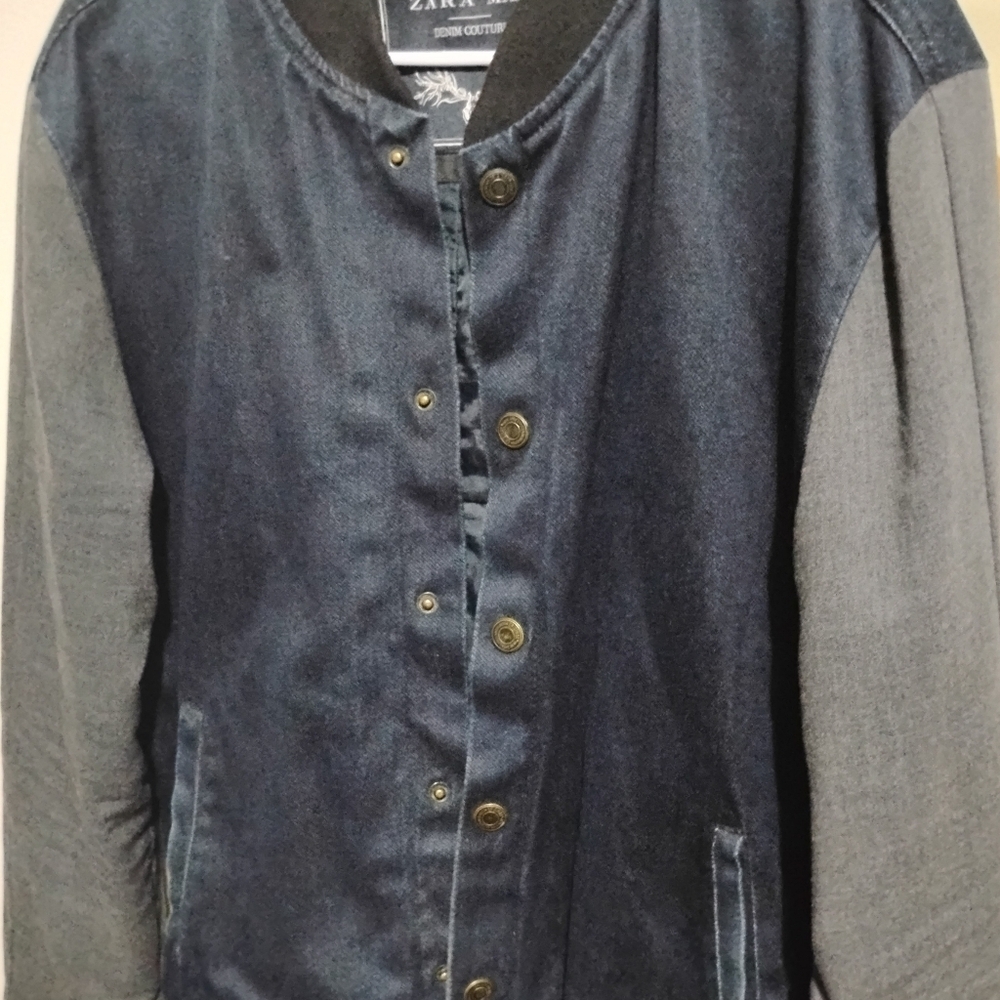 ZARA Men's Denim Couture  Jacket with Leather Sleeves Size XL